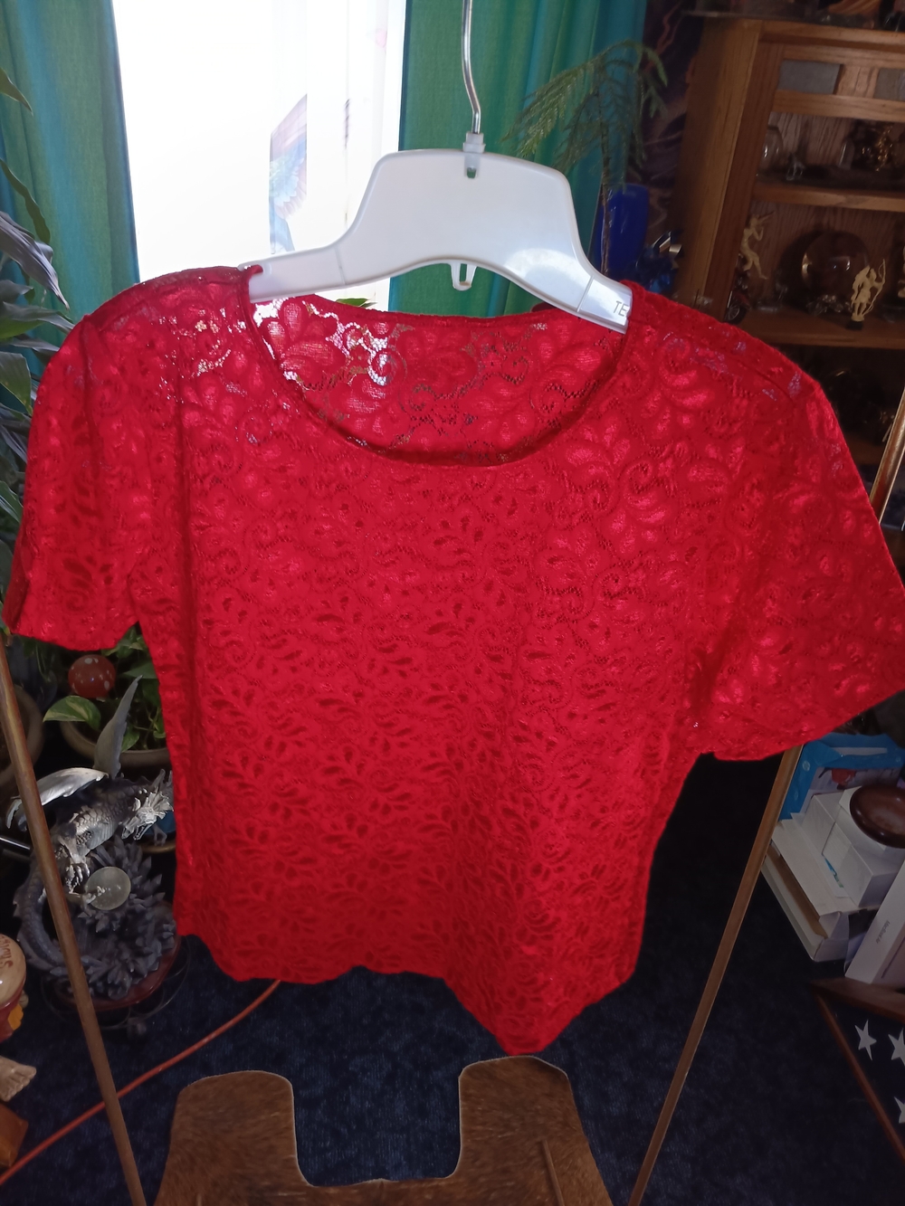 Red Lace Short-Sleeve Women's Top